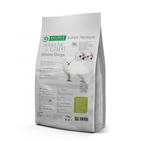 Superior Care White Dogs Grain Free Small & Mini Breeds Junior – hrană uscată fără cereale pentru pui de câine de talie mică și mini, cu pește alb, 1,5 kg